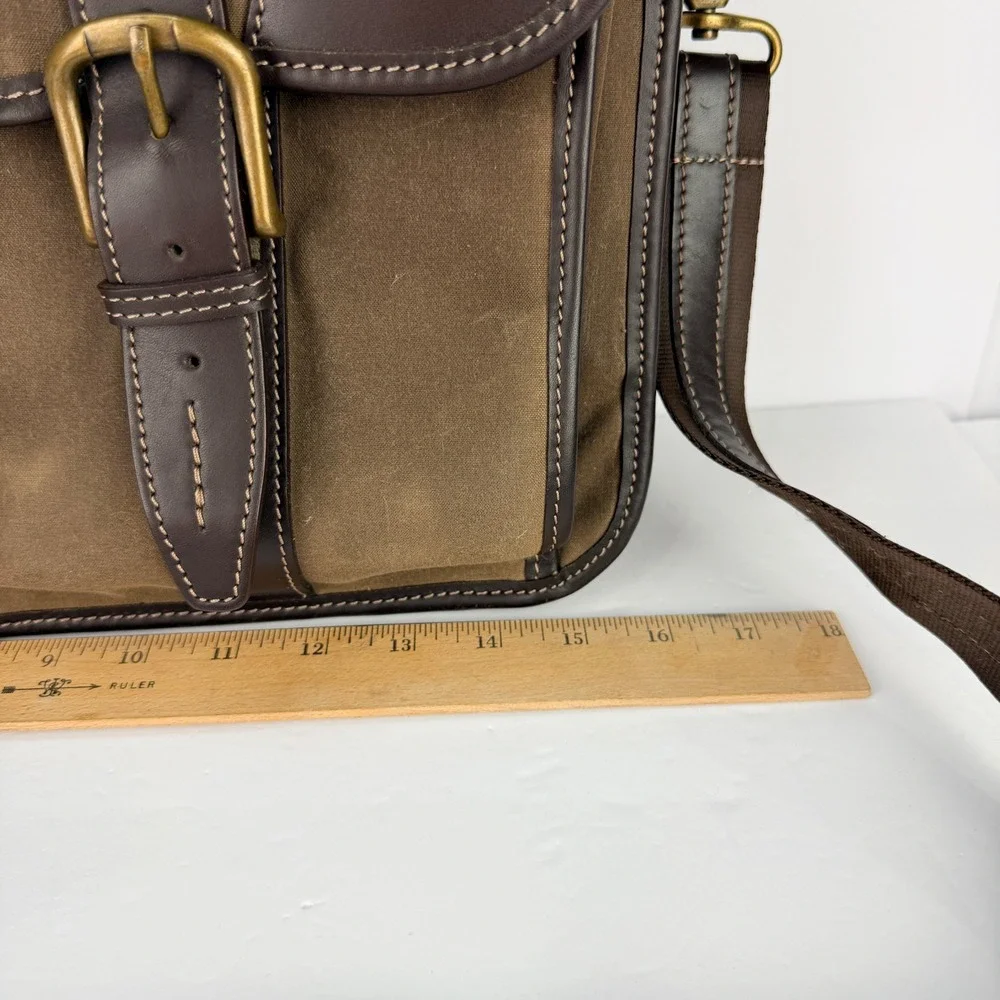 VTG Allen Edmonds Waxed Canvas Leather Trim Messenger Bag Briefcase Brown Brass